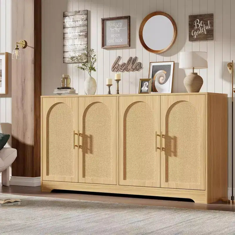 Noir / Marron / Blanc – Buffet en rotin de 150 cm, 4 portes, 2 étagères, Montage par 1 personne