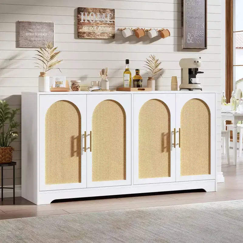 Noir / Marron / Blanc – Buffet en rotin de 150 cm, 4 portes, 2 étagères, Montage par 1 personne