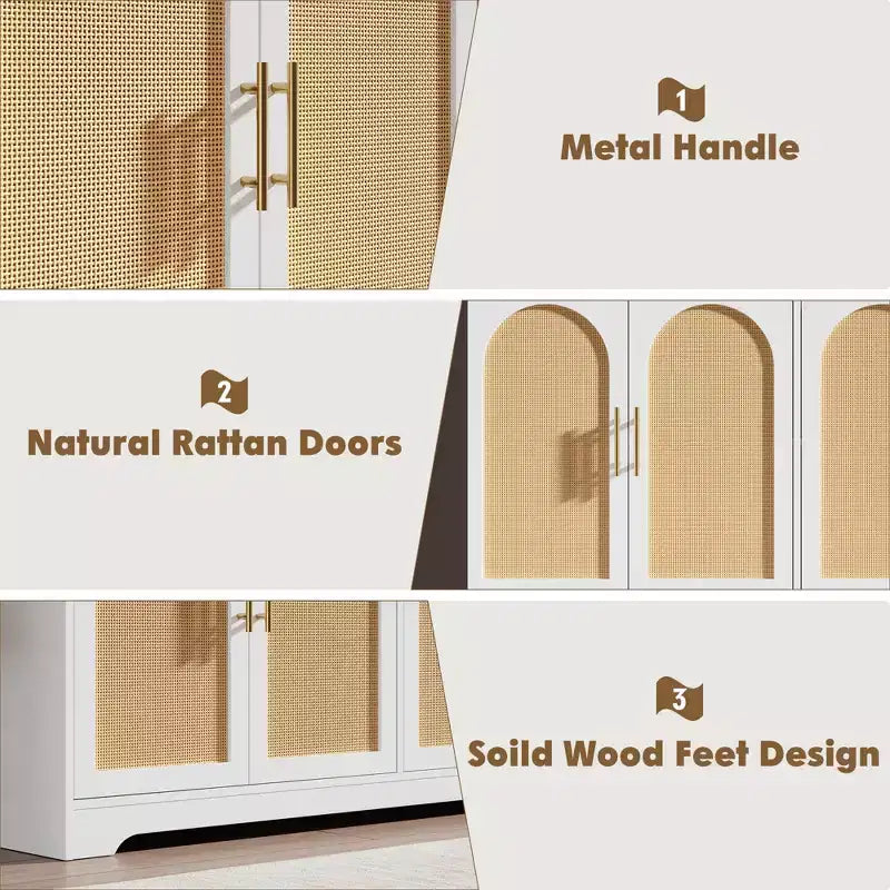 Noir / Marron / Blanc – Buffet en rotin de 150 cm, 4 portes, 2 étagères, Montage par 1 personne