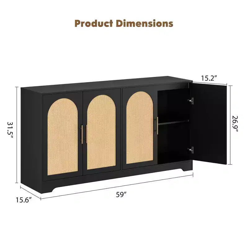 Noir / Marron / Blanc – Buffet en rotin de 150 cm, 4 portes, 2 étagères, Montage par 1 personne