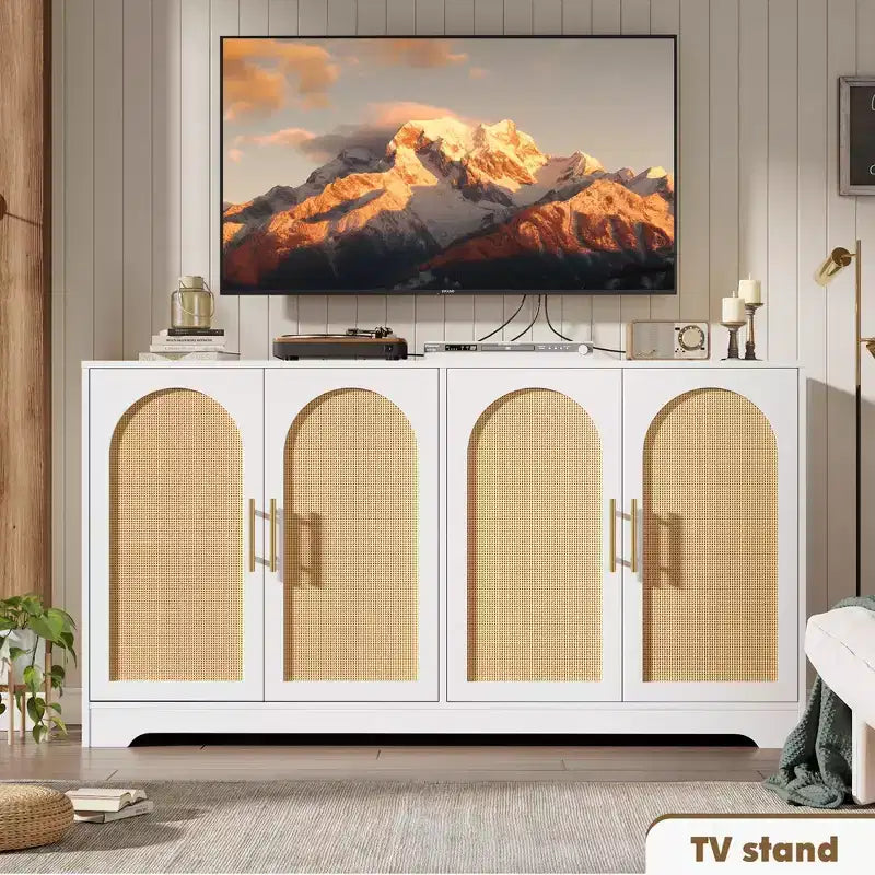 Noir / Marron / Blanc – Buffet en rotin de 150 cm, 4 portes, 2 étagères, Montage par 1 personne