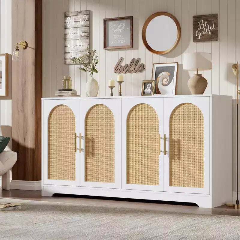 Noir / Marron / Blanc – Buffet en rotin de 150 cm, 4 portes, 2 étagères, Montage par 1 personne