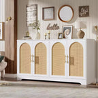 Noir / Marron / Blanc – Buffet en rotin de 150 cm, 4 portes, 2 étagères, Montage par 1 personne
