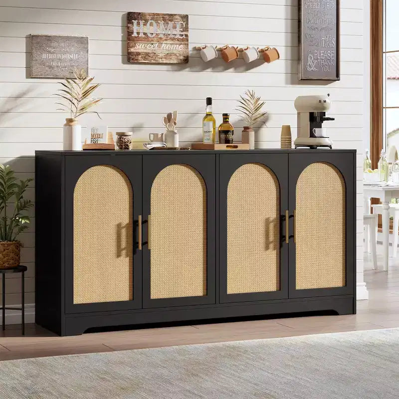 Noir / Marron / Blanc – Buffet en rotin de 150 cm, 4 portes, 2 étagères, Montage par 1 personne