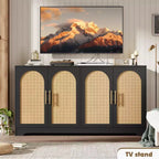 Noir / Marron / Blanc – Buffet en rotin de 150 cm, 4 portes, 2 étagères, Montage par 1 personne