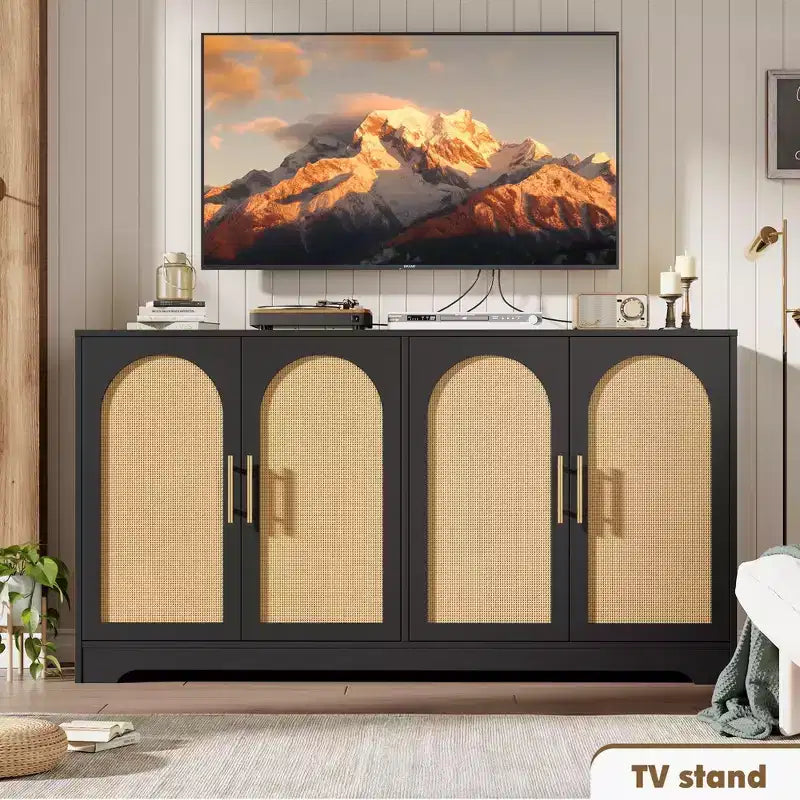 Noir / Marron / Blanc – Buffet en rotin de 150 cm, 4 portes, 2 étagères, Montage par 1 personne