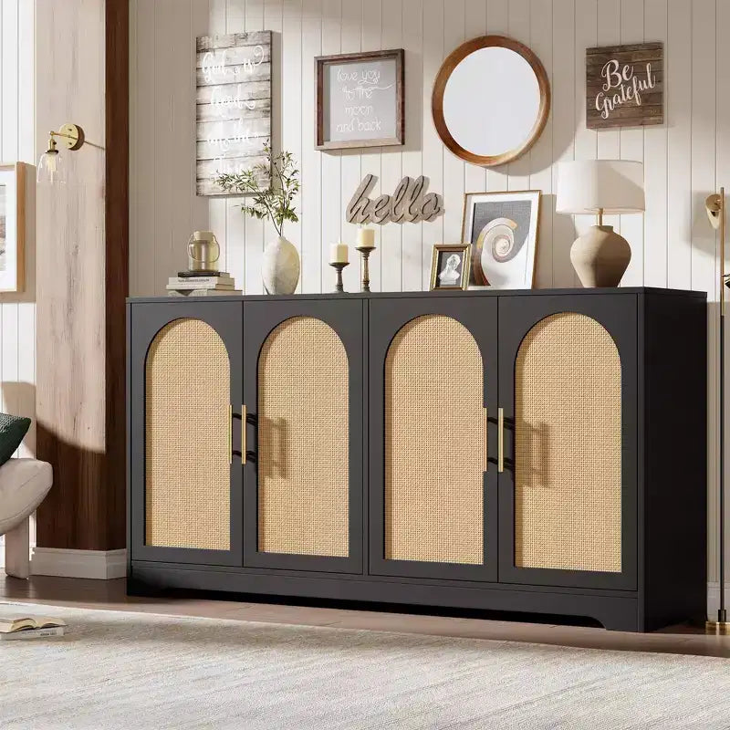 Noir / Marron / Blanc – Buffet en rotin de 150 cm, 4 portes, 2 étagères, Montage par 1 personne