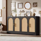 Noir / Marron / Blanc – Buffet en rotin de 150 cm, 4 portes, 2 étagères, Montage par 1 personne