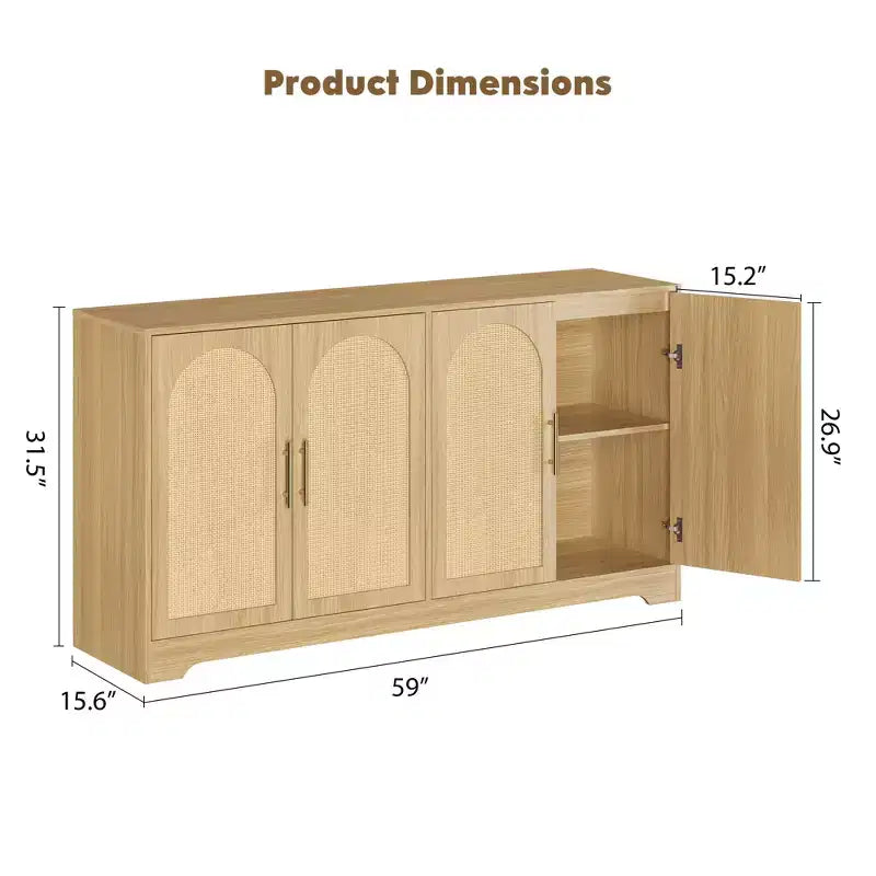 Noir / Marron / Blanc – Buffet en rotin de 150 cm, 4 portes, 2 étagères, Montage par 1 personne