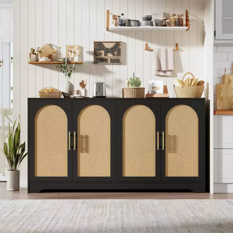 59 Sideboard Buffet Cabinet, Wooden Coffee Bar Cabinet with Rattan Doors, Entryway Console Table, Floor Cupboard Cabinet for Living Room
