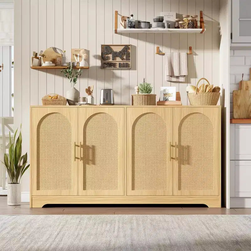 Noir / Marron / Blanc – Buffet en rotin de 150 cm, 4 portes, 2 étagères, Montage par 1 personne