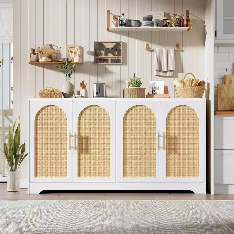Noir / Marron / Blanc – Buffet en rotin de 150 cm, 4 portes, 2 étagères, Montage par 1 personne