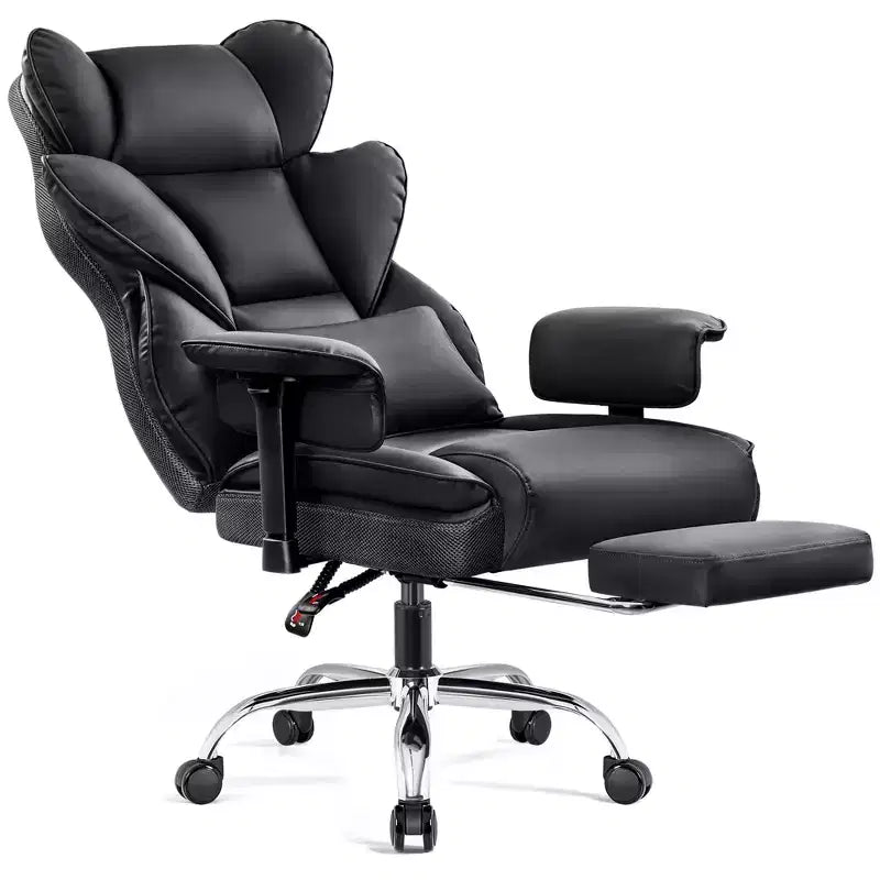 Fauteuil de bureau en similicuir noir/marron/gris à dossier haut avec repose-pieds et accoudoirs réglables – 1 personne
