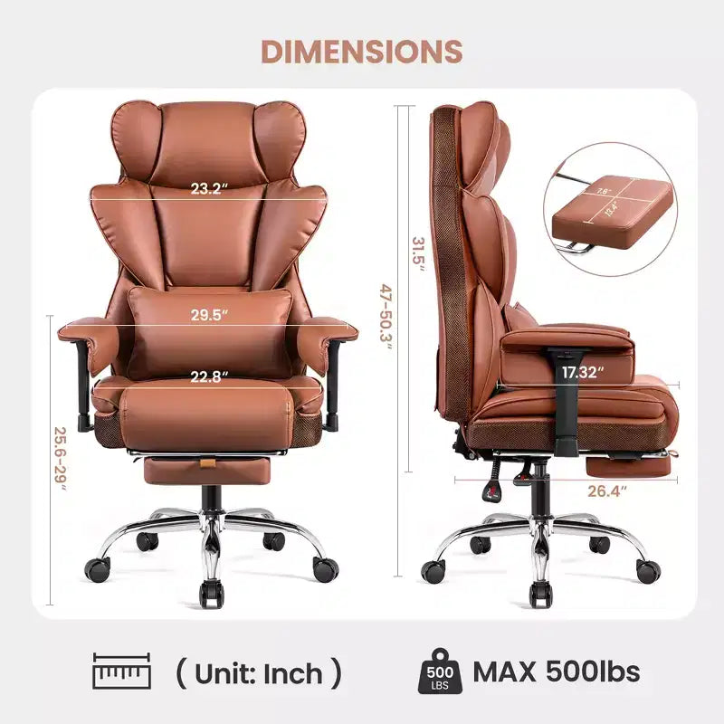 Fauteuil de bureau en similicuir noir/marron/gris à dossier haut avec repose-pieds et accoudoirs réglables – 1 personne