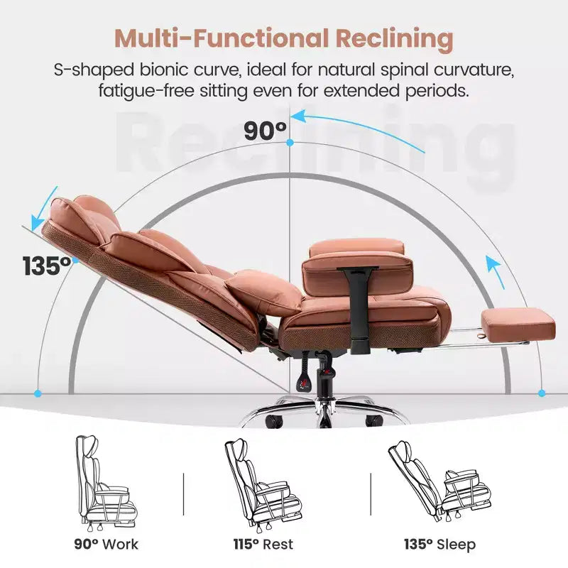 Fauteuil de bureau en similicuir noir/marron/gris à dossier haut avec repose-pieds et accoudoirs réglables – 1 personne