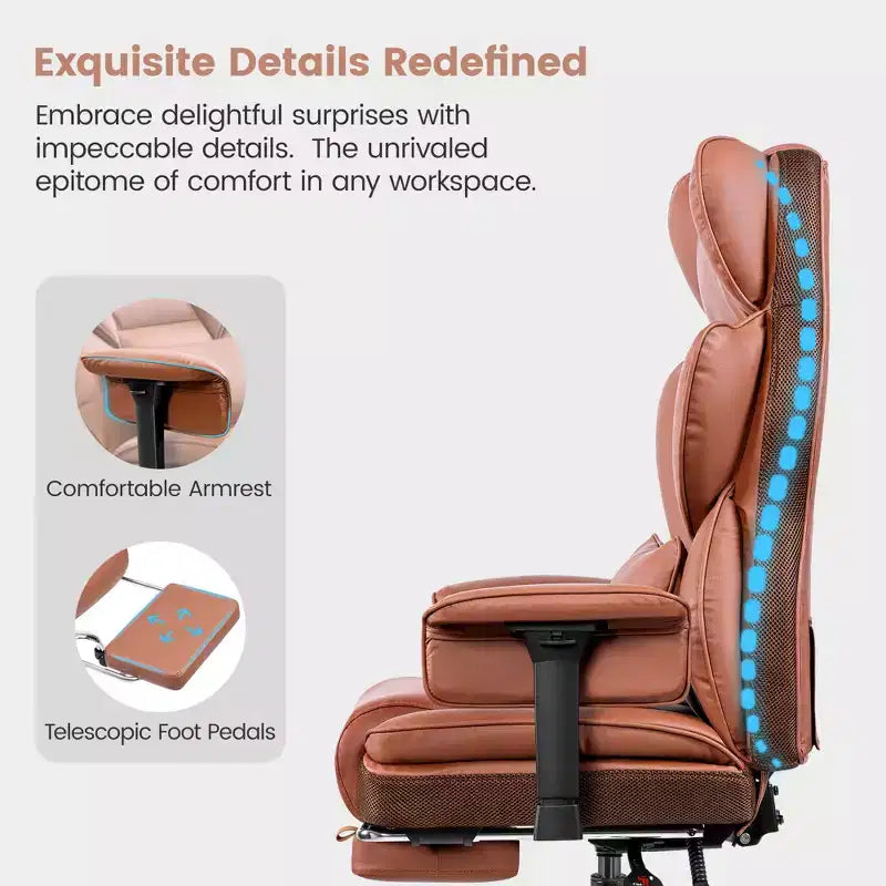 Fauteuil de bureau en similicuir noir/marron/gris à dossier haut avec repose-pieds et accoudoirs réglables – 1 personne