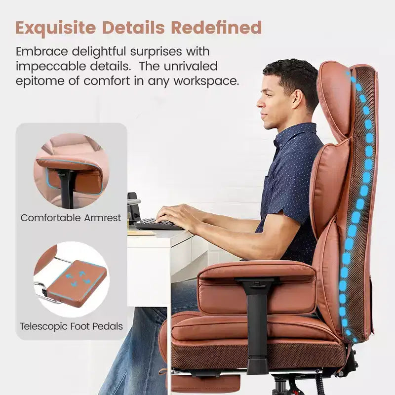 Fauteuil de bureau en similicuir noir/marron/gris à dossier haut avec repose-pieds et accoudoirs réglables – 1 personne