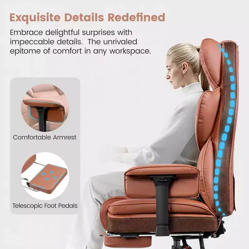 Fauteuil de bureau en similicuir noir/marron/gris à dossier haut avec repose-pieds et accoudoirs réglables – 1 personne