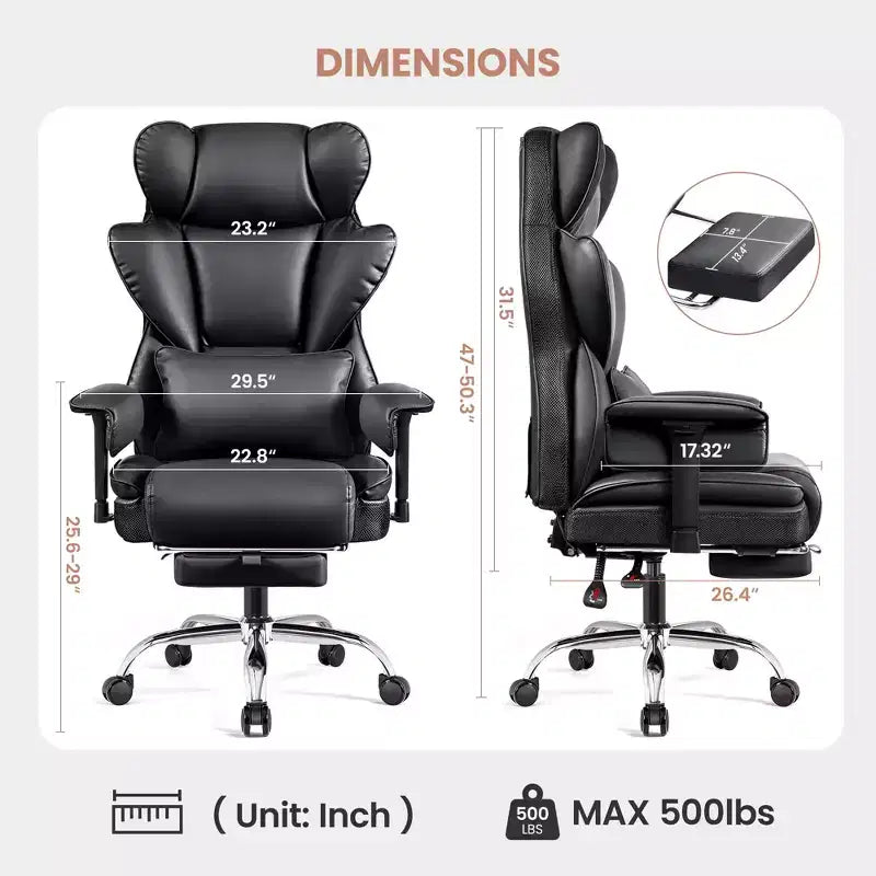 Fauteuil de bureau en similicuir noir/marron/gris à dossier haut avec repose-pieds et accoudoirs réglables – 1 personne