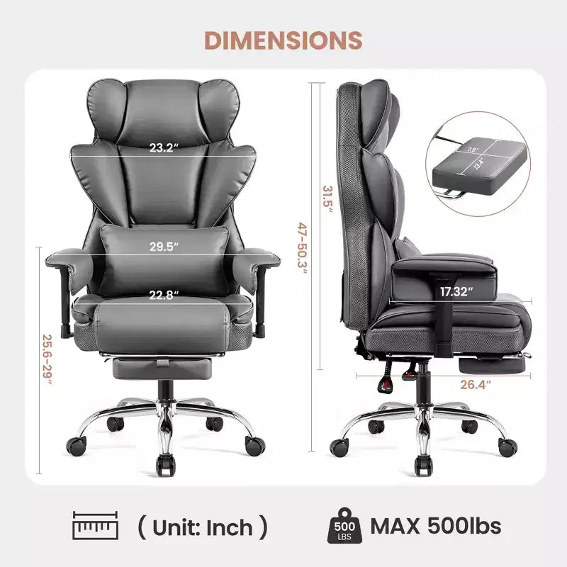 Fauteuil de bureau en similicuir noir/marron/gris à dossier haut avec repose-pieds et accoudoirs réglables – 1 personne