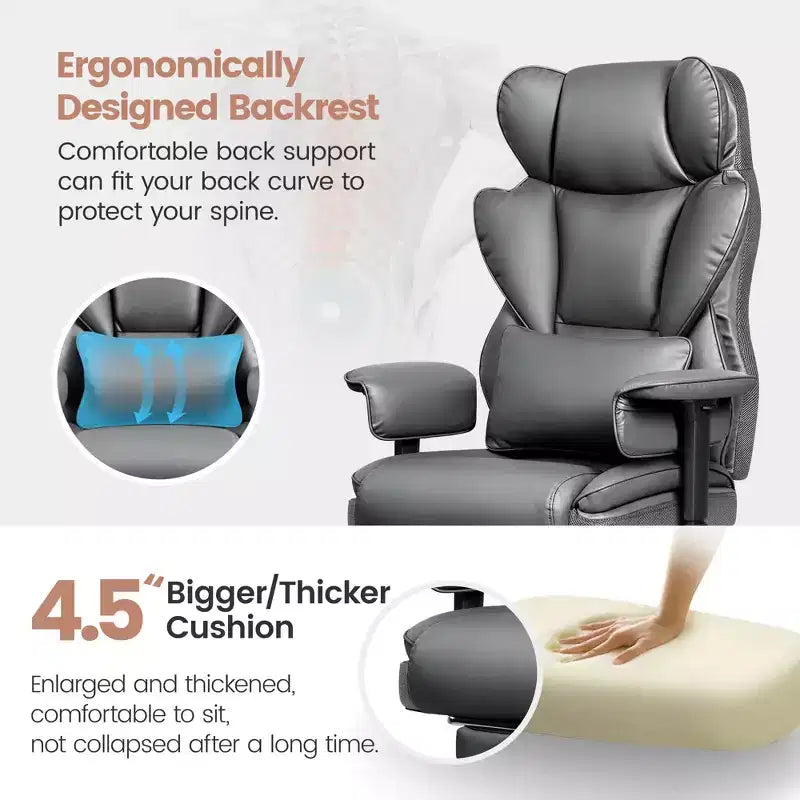 Fauteuil de bureau en similicuir noir/marron/gris à dossier haut avec repose-pieds et accoudoirs réglables – 1 personne