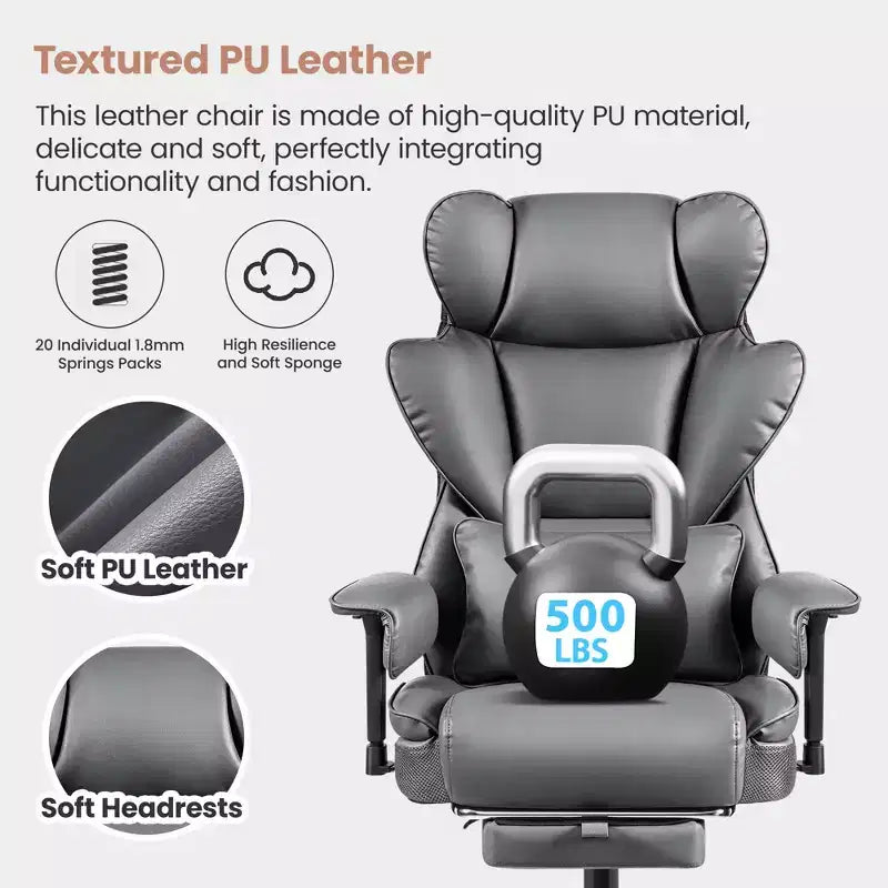 Fauteuil de bureau en similicuir noir/marron/gris à dossier haut avec repose-pieds et accoudoirs réglables – 1 personne