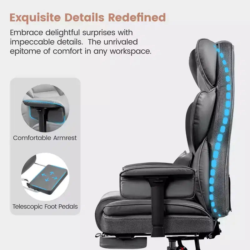 Fauteuil de bureau en similicuir noir/marron/gris à dossier haut avec repose-pieds et accoudoirs réglables – 1 personne