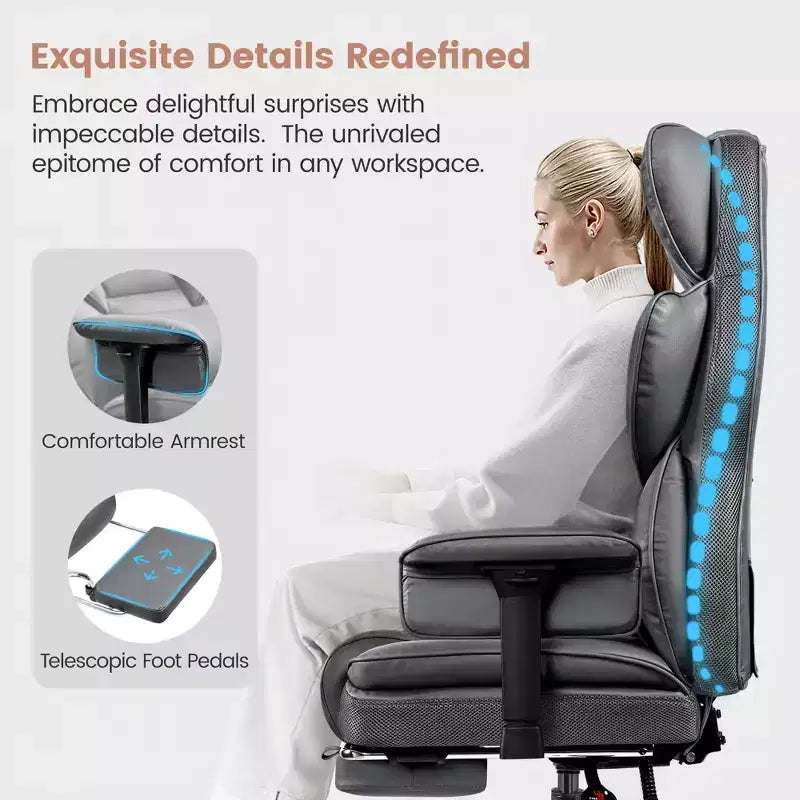 Fauteuil de bureau en similicuir noir/marron/gris à dossier haut avec repose-pieds et accoudoirs réglables – 1 personne