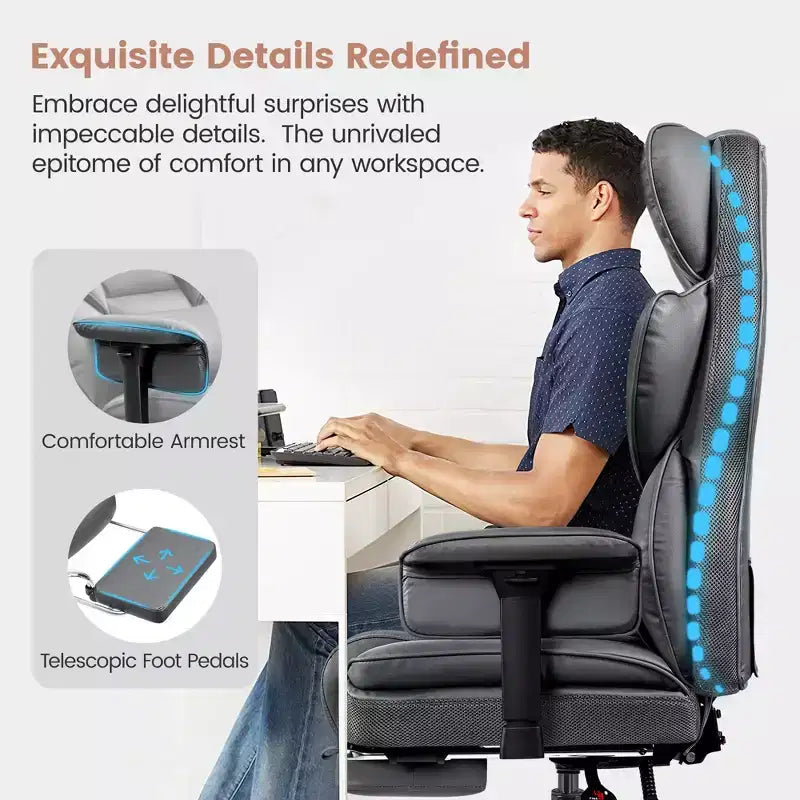 Fauteuil de bureau en similicuir noir/marron/gris à dossier haut avec repose-pieds et accoudoirs réglables – 1 personne