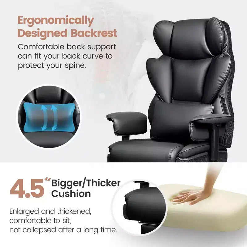 Fauteuil de bureau en similicuir noir/marron/gris à dossier haut avec repose-pieds et accoudoirs réglables – 1 personne