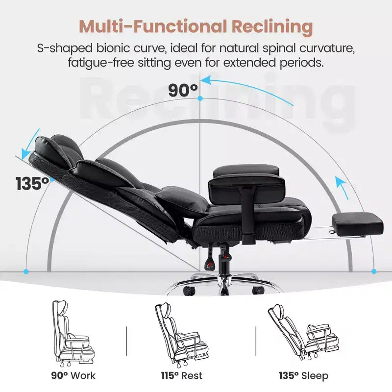 Fauteuil de bureau en similicuir noir/marron/gris à dossier haut avec repose-pieds et accoudoirs réglables – 1 personne