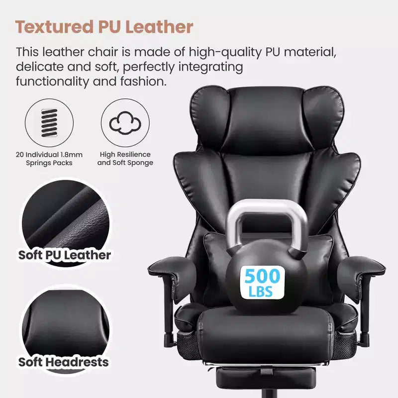 Fauteuil de bureau en similicuir noir/marron/gris à dossier haut avec repose-pieds et accoudoirs réglables – 1 personne