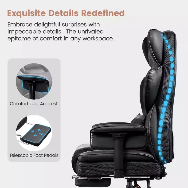 Fauteuil de bureau en similicuir noir/marron/gris à dossier haut avec repose-pieds et accoudoirs réglables – 1 personne