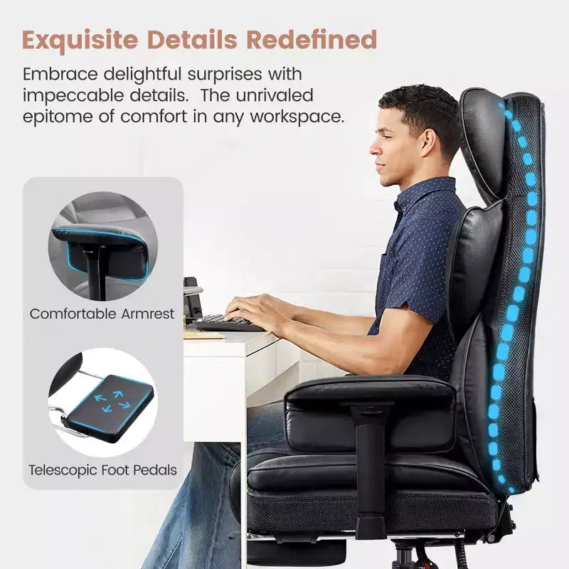 Fauteuil de bureau en similicuir noir/marron/gris à dossier haut avec repose-pieds et accoudoirs réglables – 1 personne