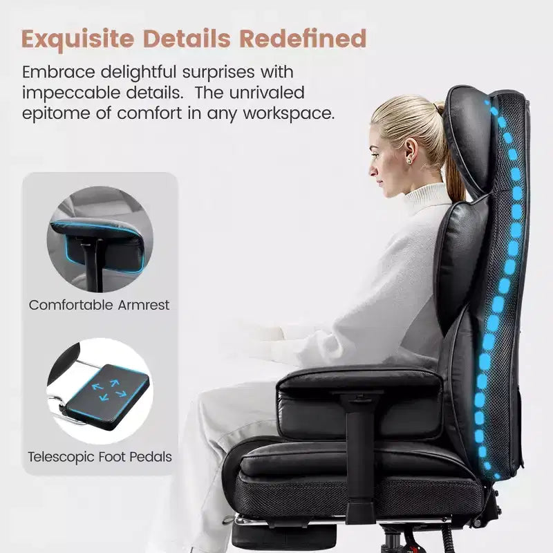 Fauteuil de bureau en similicuir noir/marron/gris à dossier haut avec repose-pieds et accoudoirs réglables – 1 personne