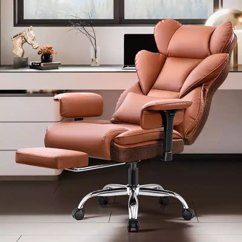 Fauteuil de bureau en similicuir noir/marron/gris à dossier haut avec repose-pieds et accoudoirs réglables – 1 personne