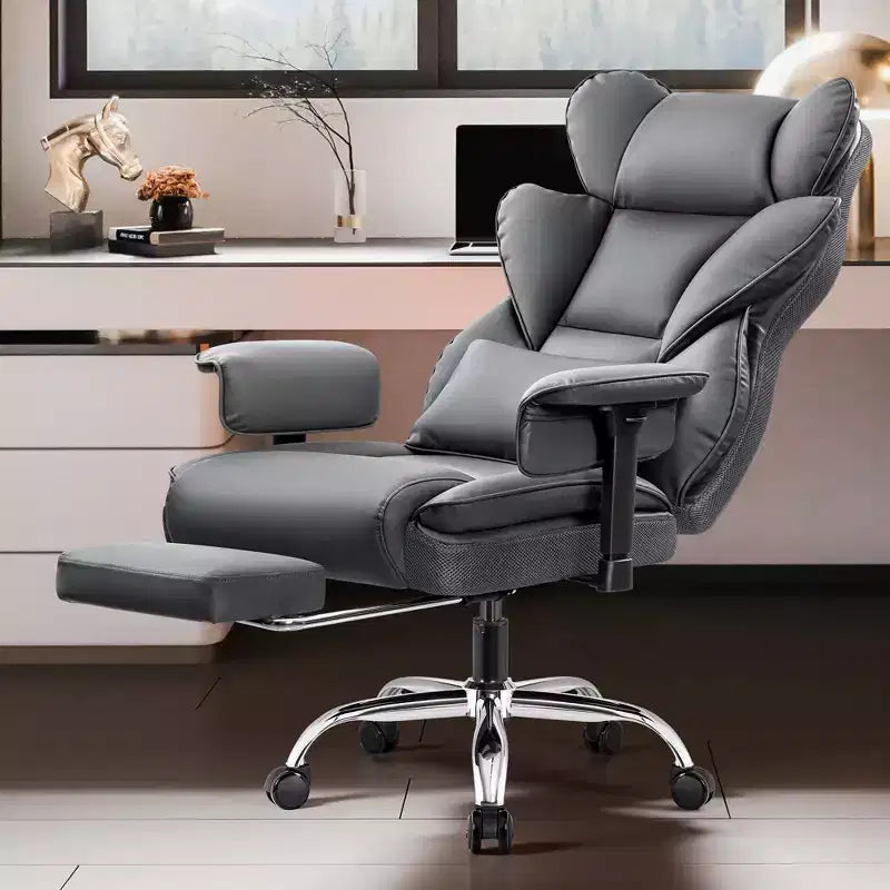 Fauteuil de bureau en similicuir noir/marron/gris à dossier haut avec repose-pieds et accoudoirs réglables – 1 personne