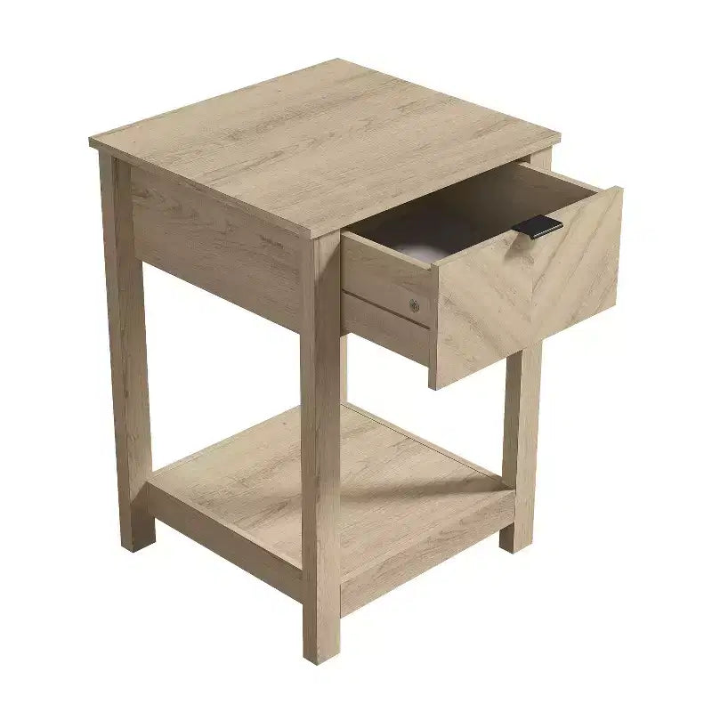Table de chevet à 1 tiroir avec étagère ouverte | Noyer ambré et Chêne Oslo