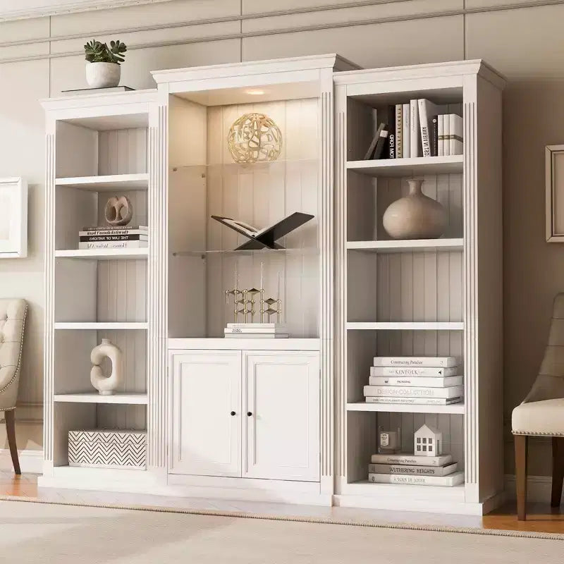 Bibliothèque haute et vitrine 3 pièces noire/blanche avec éclairage LED
