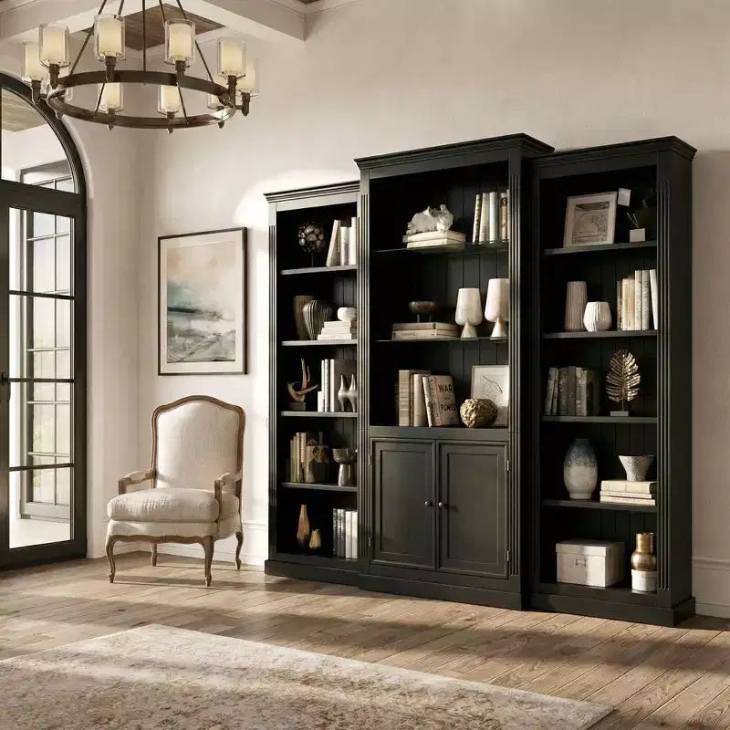 Bibliothèque haute et vitrine 3 pièces noire/blanche avec éclairage LED