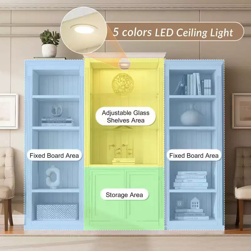 Bibliothèque haute et vitrine 3 pièces noire/blanche avec éclairage LED