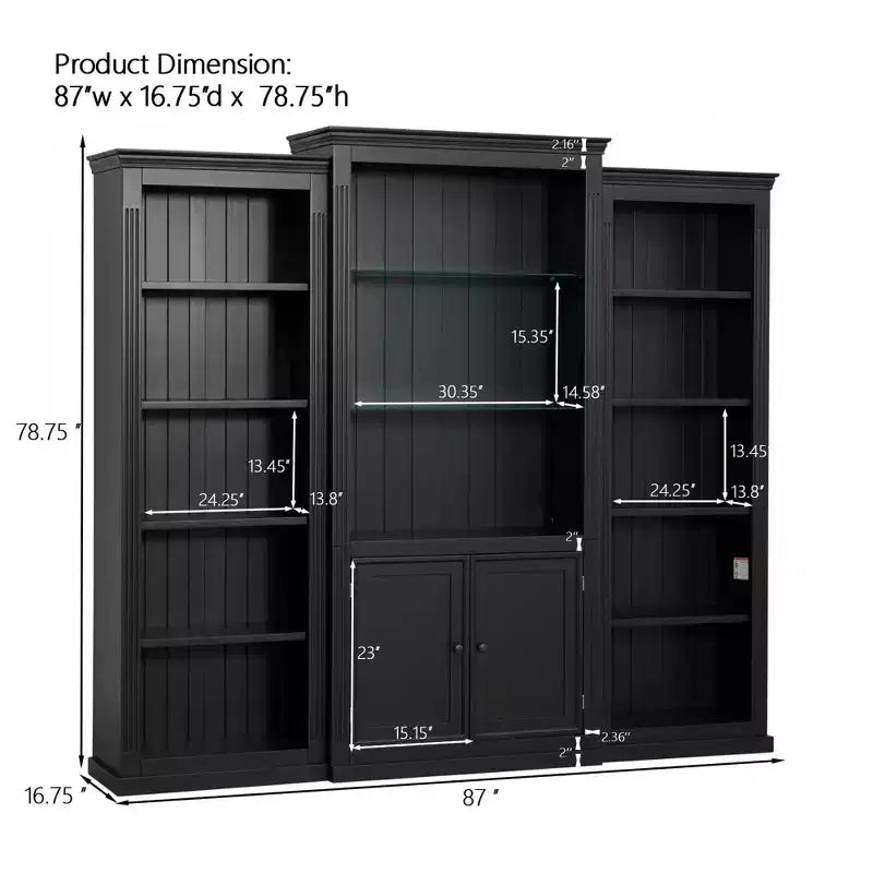Bibliothèque haute et vitrine 3 pièces noire/blanche avec éclairage LED