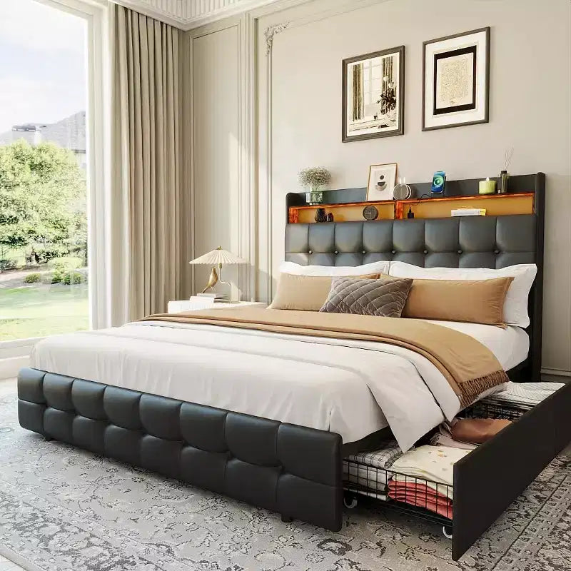 Queen Size Bed Frame with 2 Storage Drawers, Upholstered Bed Frame Queen with LED Light, Double-Layer Bedside Headboard