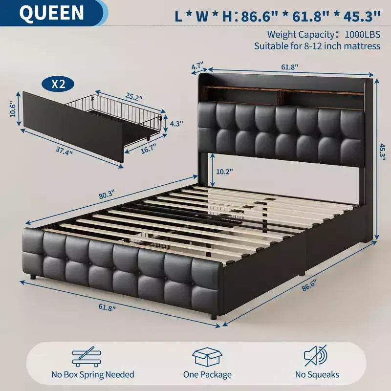Lit plateforme queen capitonné gris avec tête de lit LED RGB et 2 tiroirs de rangement