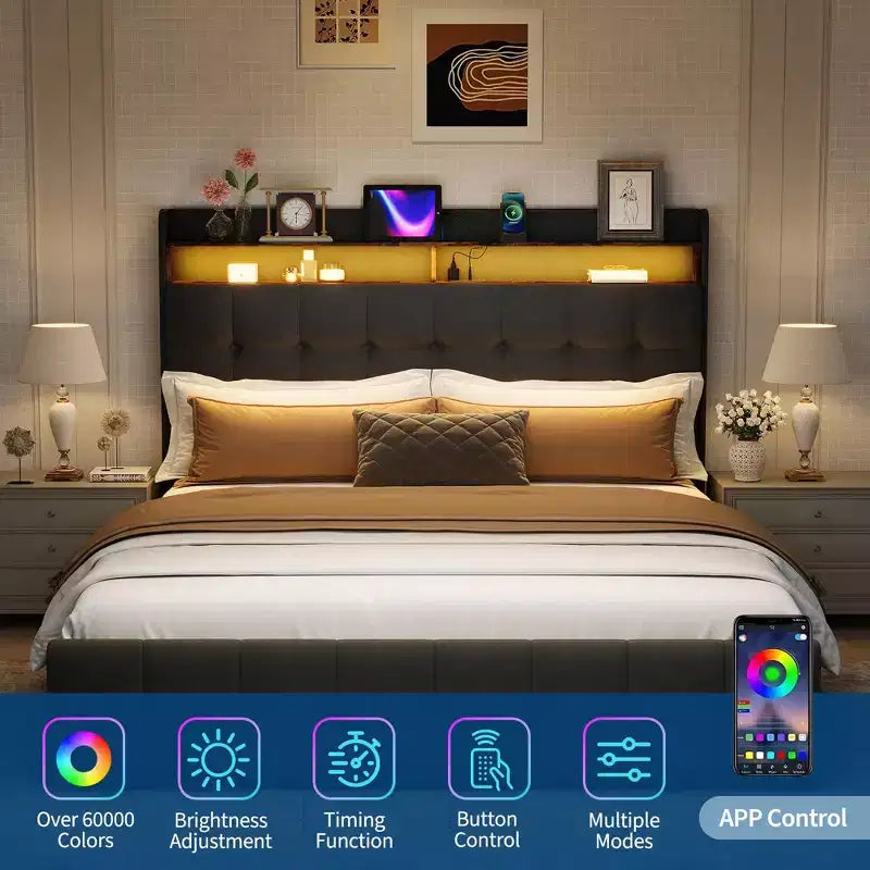 Lit plateforme queen capitonné gris avec tête de lit LED RGB et 2 tiroirs de rangement