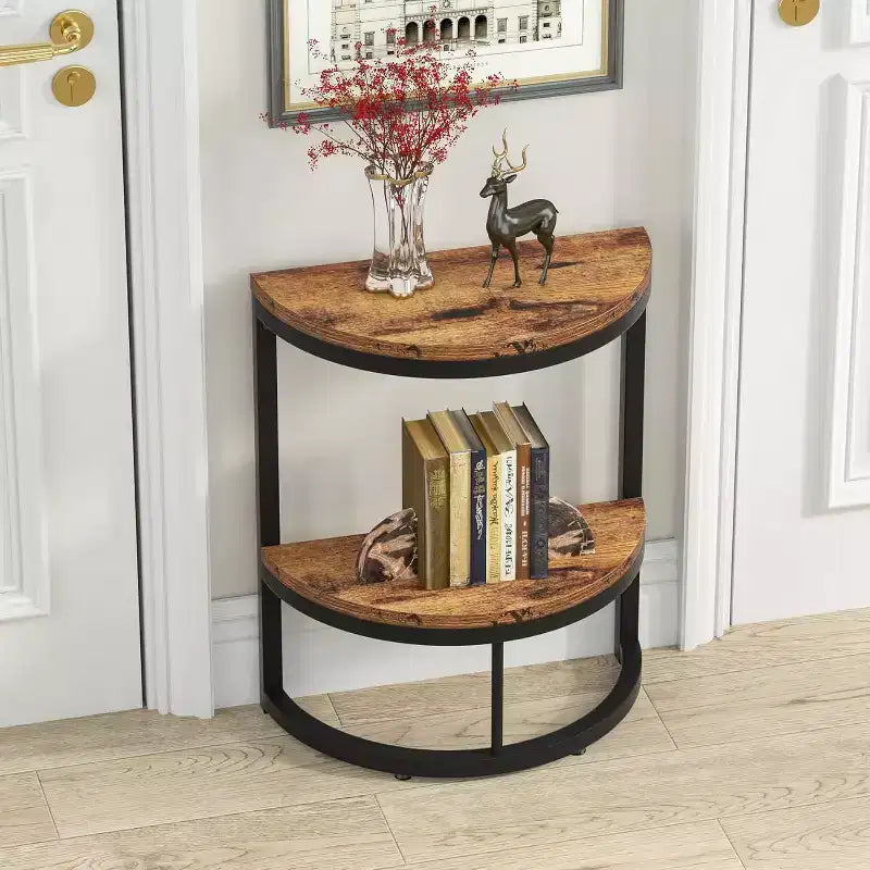Lantine Semi Circle End Table with Storage Shelf, Small Half Round Side Table for Sofa, Living Room, Bedroom, Rustic Brown & Black, Easy Assembly