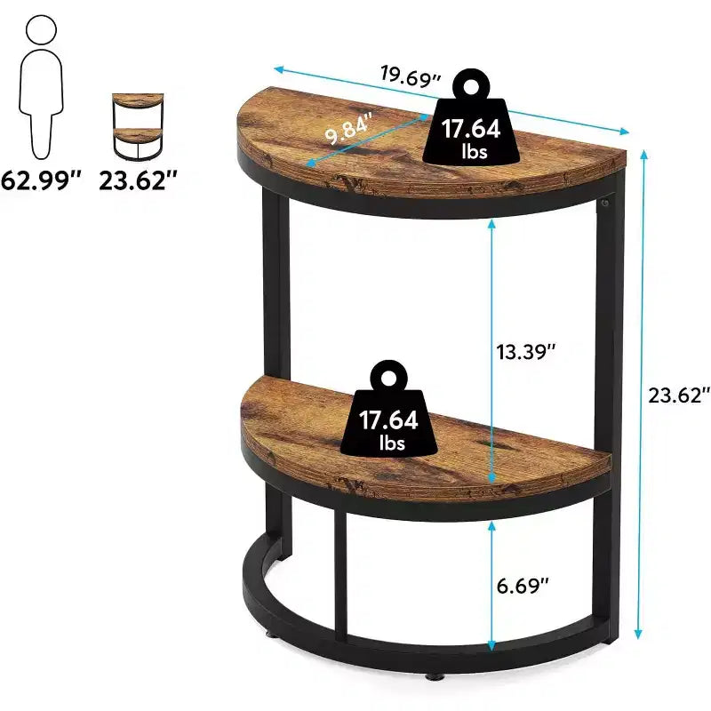 Table d'appoint semi-circulaire rustique marron et noir avec étagère de rangement, 2 niveaux, 1 personne