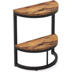 Table d'appoint semi-circulaire rustique marron et noir avec étagère de rangement, 2 niveaux, 1 personne