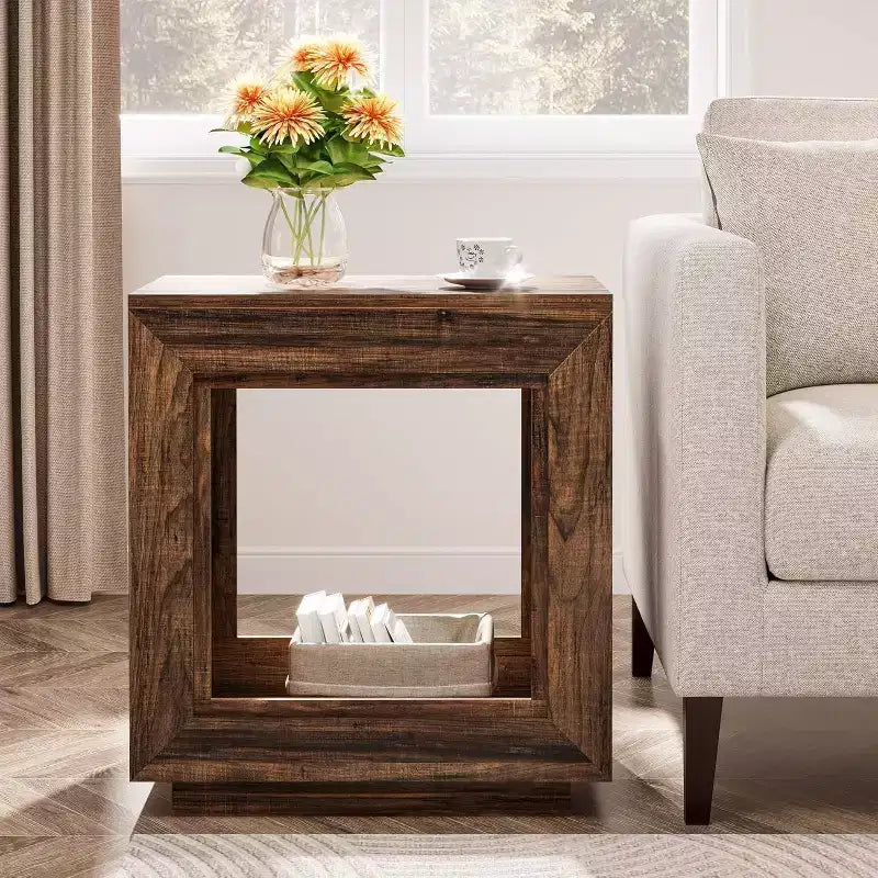 Lantine 24-Inch Rustic Brown End Table with Storage Shelf, Farmhouse Style Nightstand for Bedroom, Living Room, Entryway, Easy Assembly