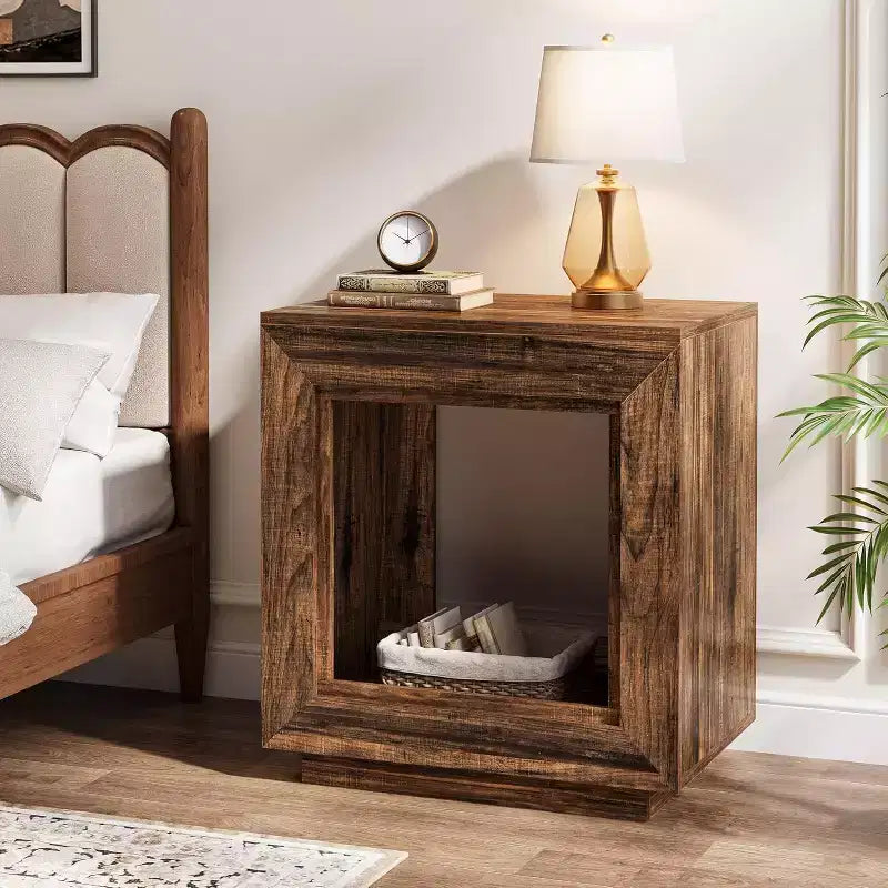 Table d'appoint de ferme rustique marron avec étagère de rangement